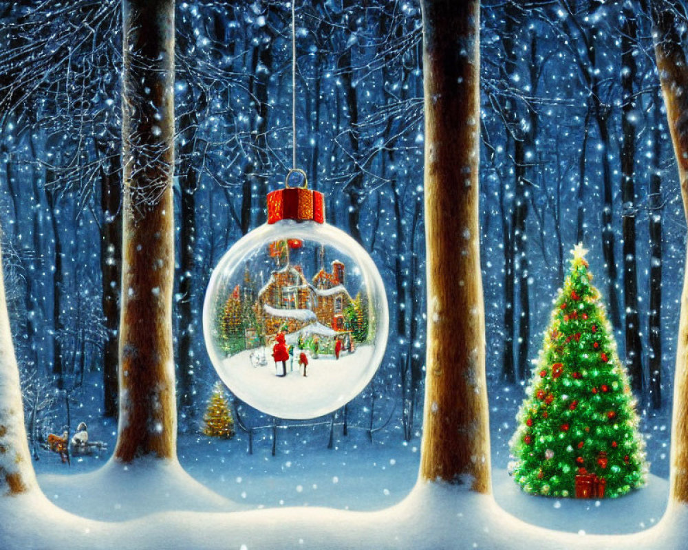 Detailed Snowy Forest Christmas Ornament Scene with Festive House and Tree