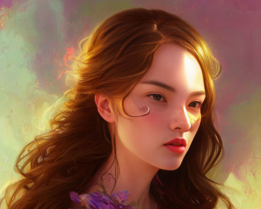 Digital Painting: Woman with Wavy Hair and Purple Flowers in Pastel Background