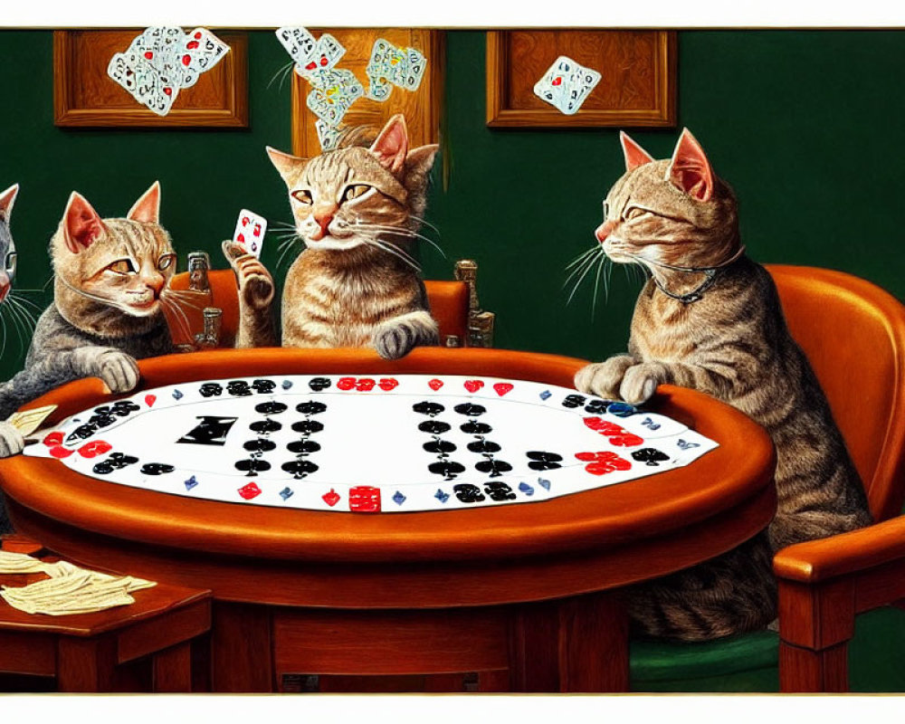 Anthropomorphic cats playing cards at round table with floating cards and poker chips