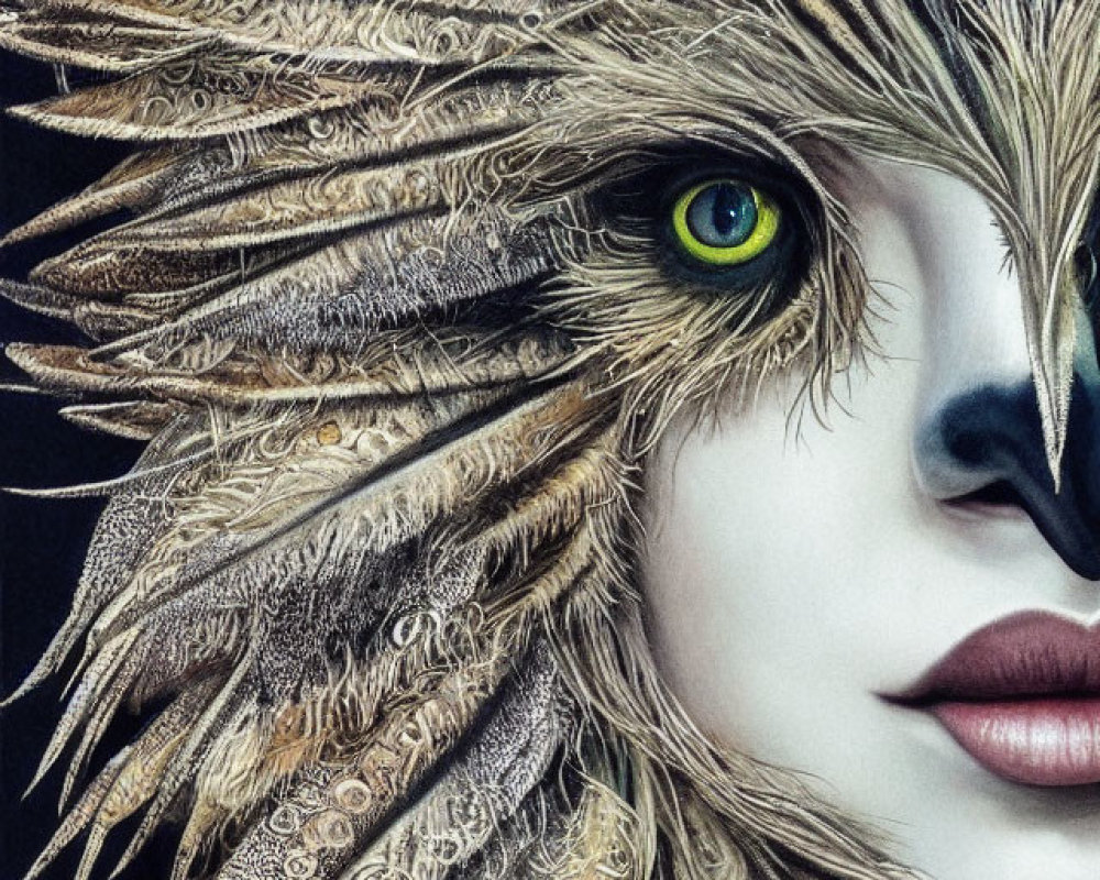 Detailed close-up portrait of person with intricate owl-like feather headpiece and striking green eye.