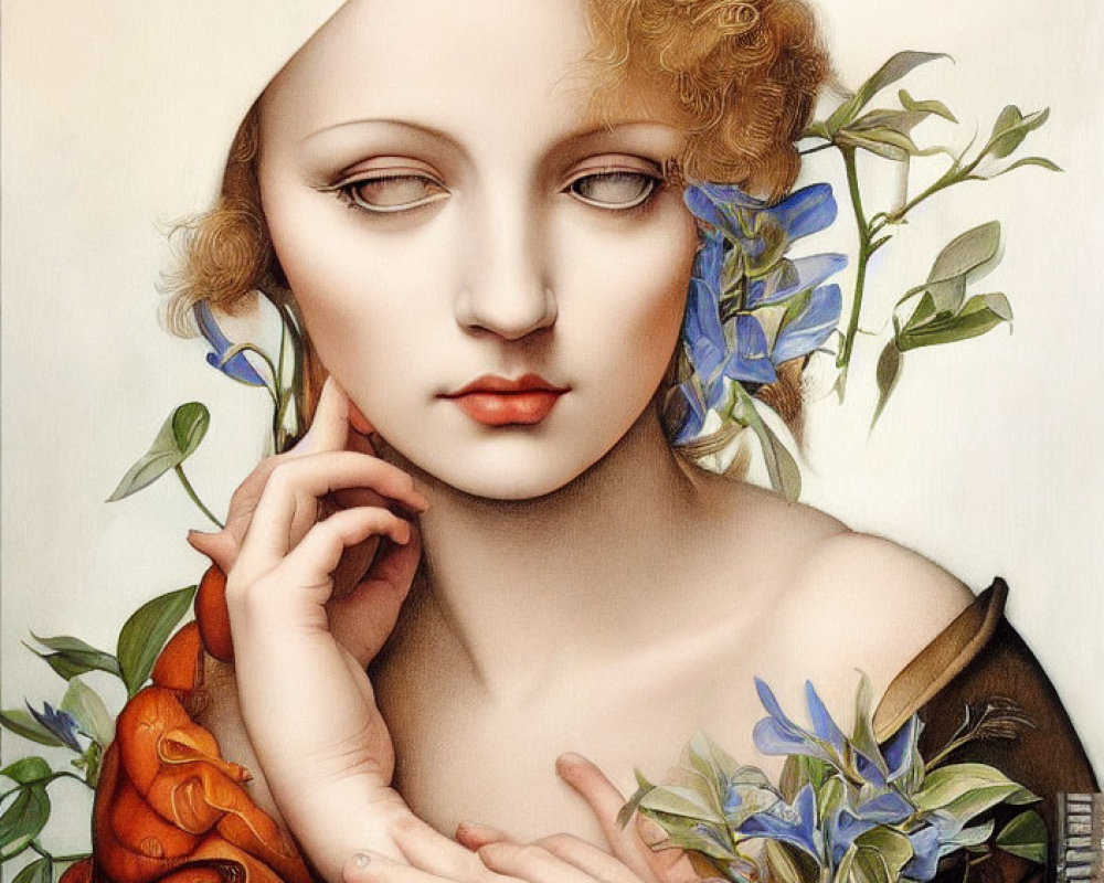 Surreal portrait of person with closed eyes and white headpiece amidst blue flowers and autumn ruffles