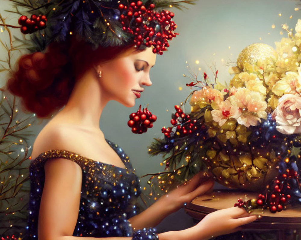 Portrait of woman with festive berries and pine, blue dress, next to glowing light bouquet