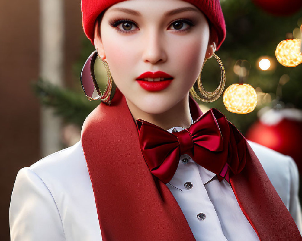 Fashionable person in red lipstick and white outfit with accessories against Christmas backdrop.