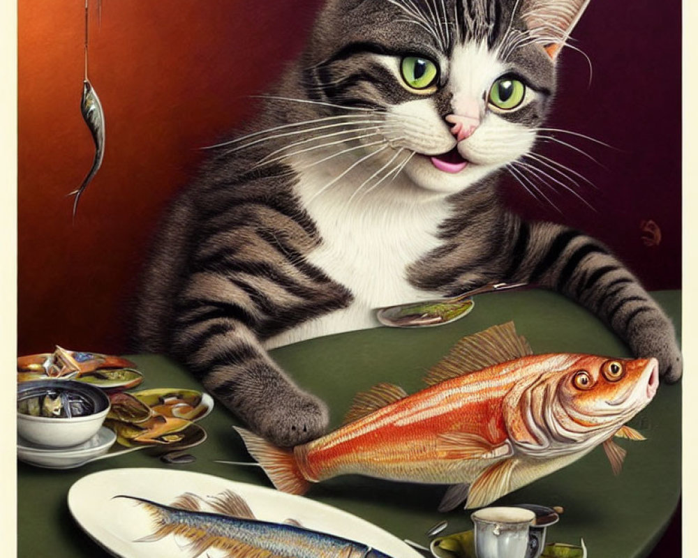 Illustration of large tabby cat with human-like eyes at table with fish and teacup