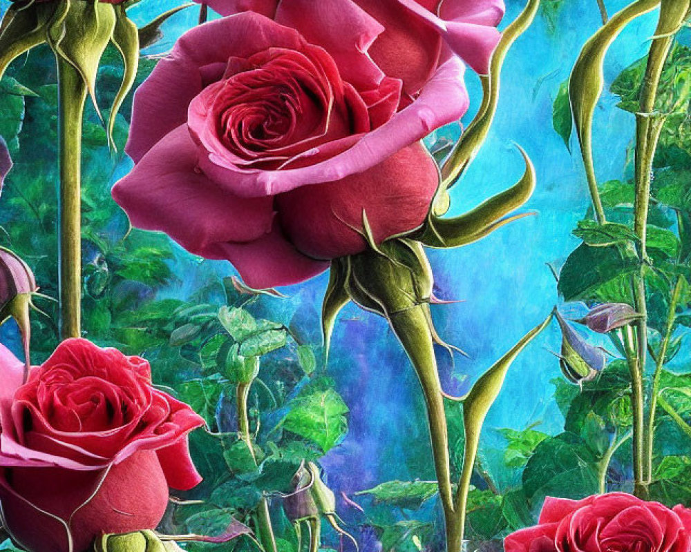 Vibrant red roses on blue backdrop with purple hues.