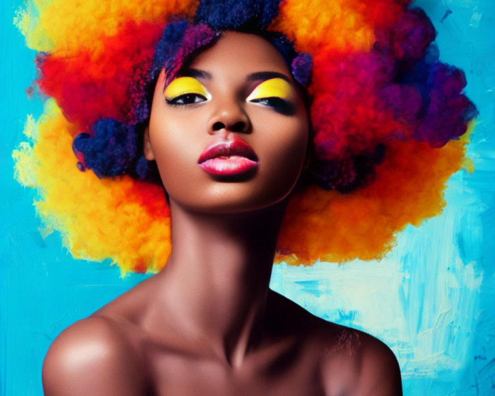 Vibrant multicolored afro hair and yellow eye makeup on woman against blue backdrop