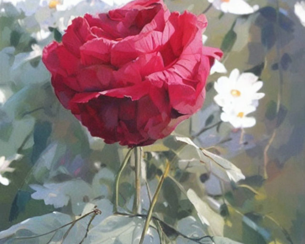 Red rose among white blossoms and green foliage in impressionistic painting style