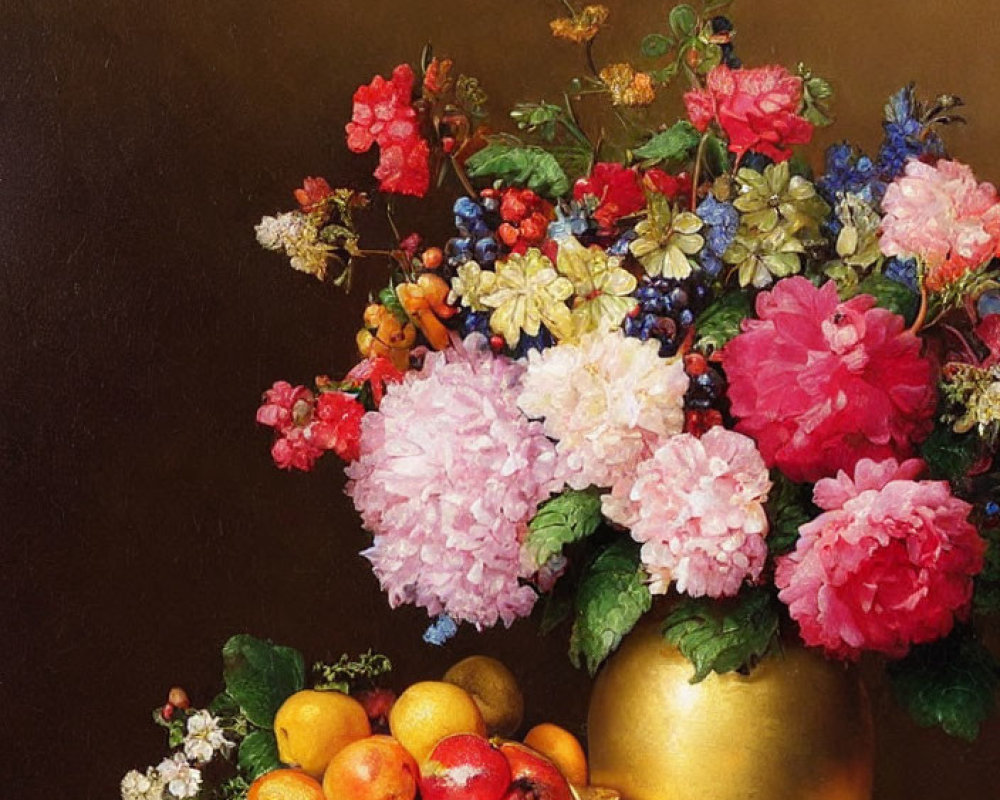 Colorful Still Life Painting with Gold Vase and Fruit Bowl