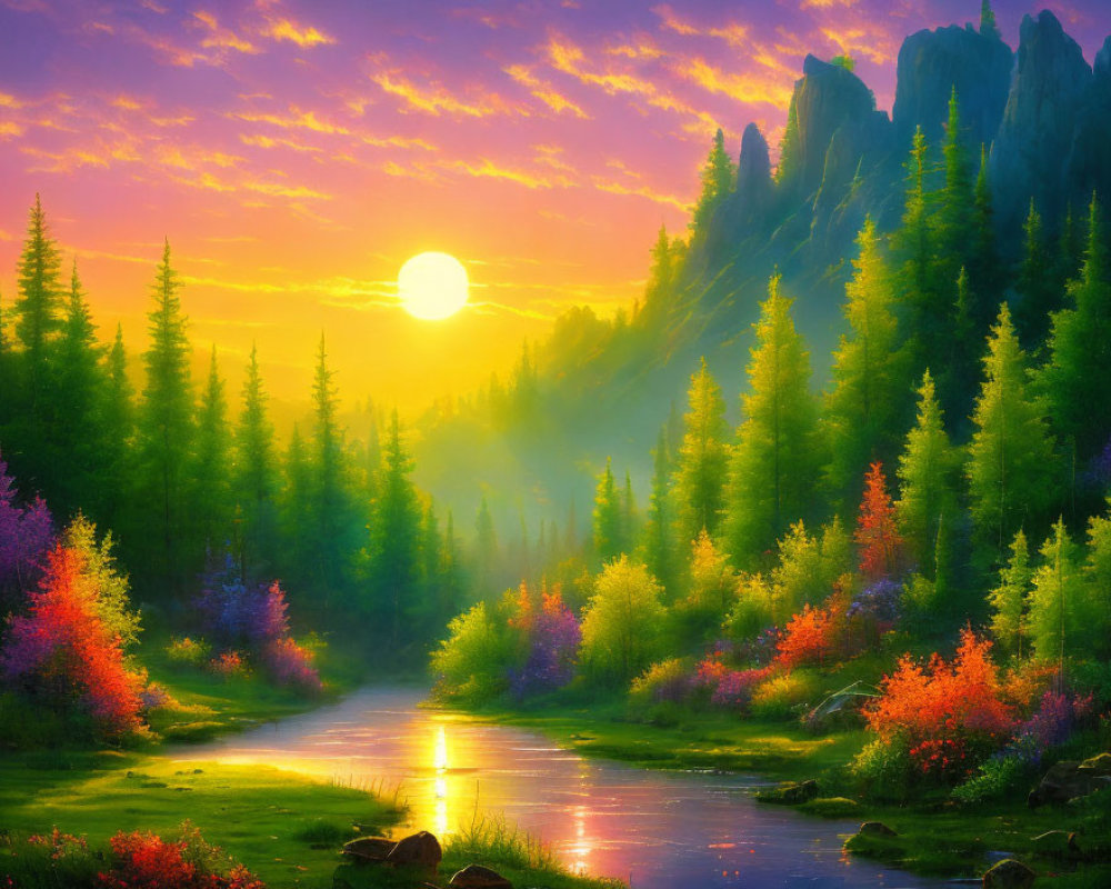 Colorful Sunrise Landscape with River, Trees, Pines, and Sun