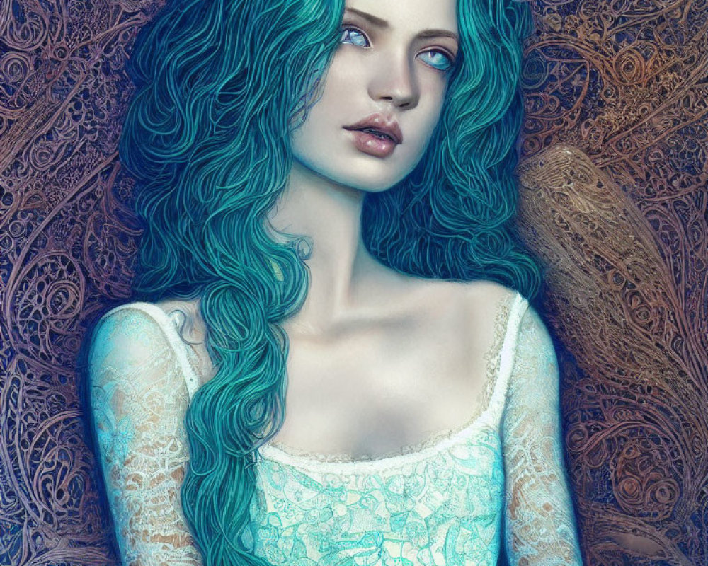 Digital artwork: Woman with turquoise hair in lace dress