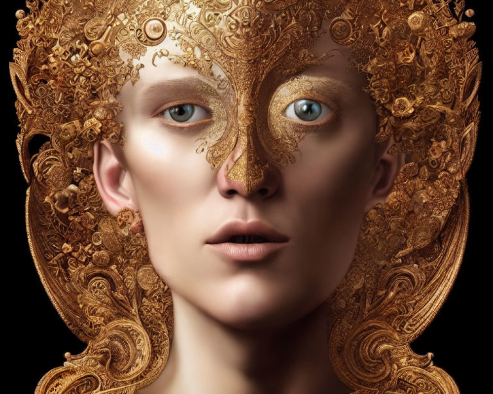 Intricate gold headpiece and mask with filigree designs on dark background