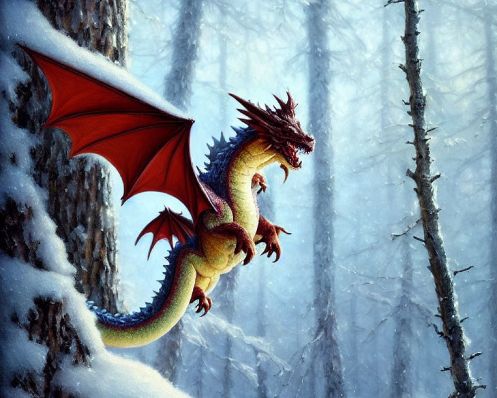 Red-winged dragon in misty snowy forest