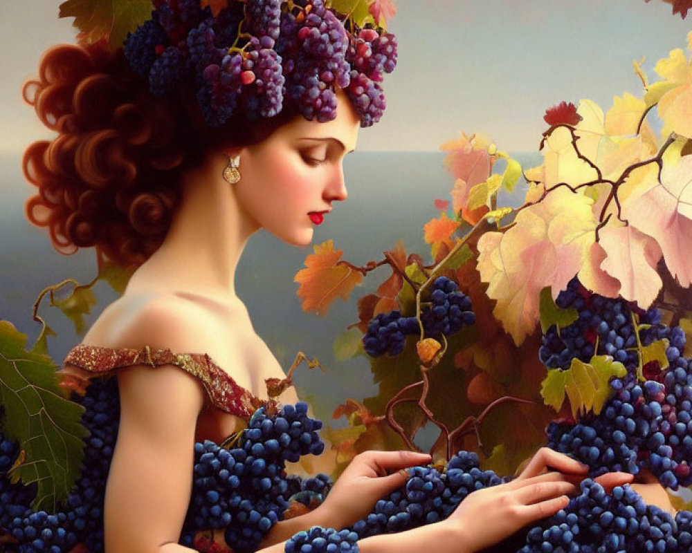 Woman with Grape Headdress Surrounded by Vines in Autumn Setting