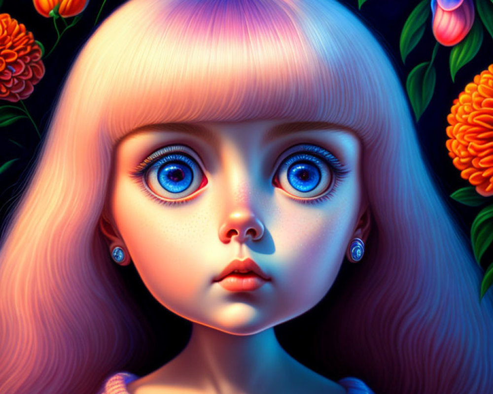 Digital illustration: Girl with blue eyes, pink hair, vibrant flowers - surreal, luminous beauty