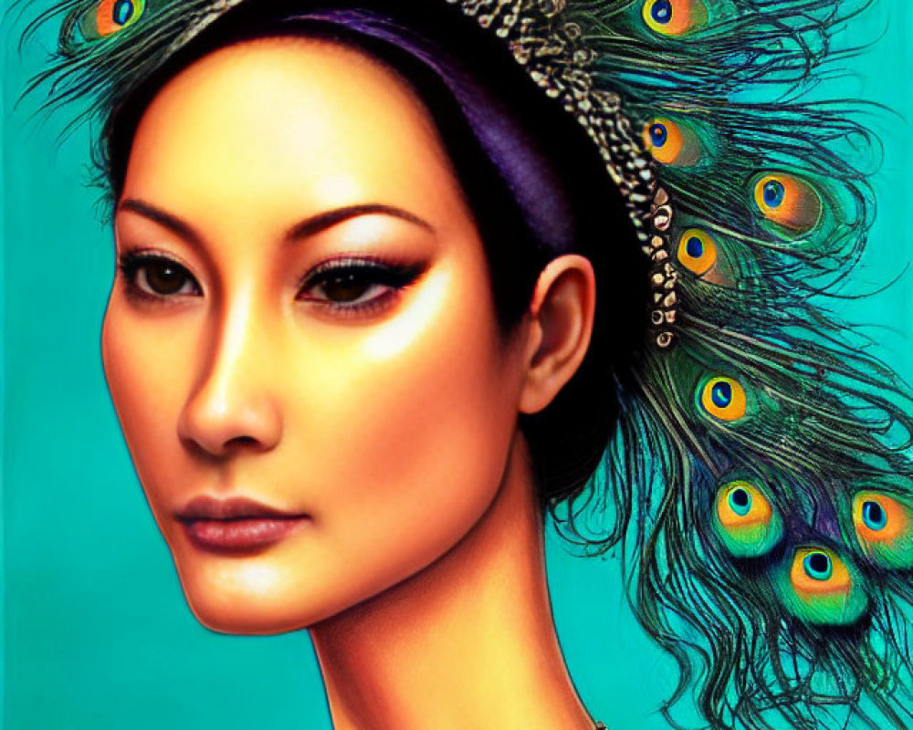 Detailed illustration of woman with peacock feathers, striking makeup, and ornate necklace on teal background