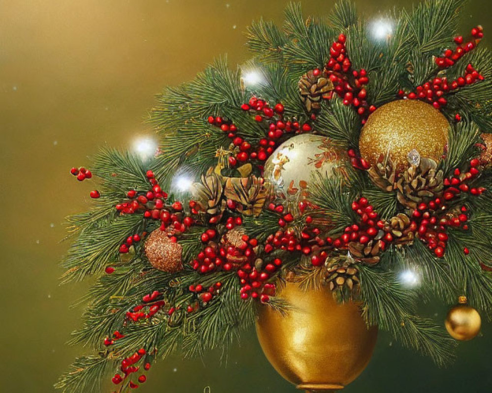 Festive golden vase with evergreen branches and Christmas decor on gradient background