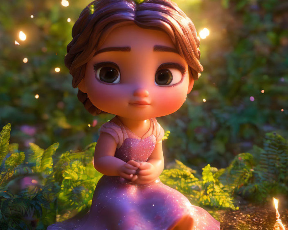 Young girl character in purple dress kneeling in forest with glowing particles.