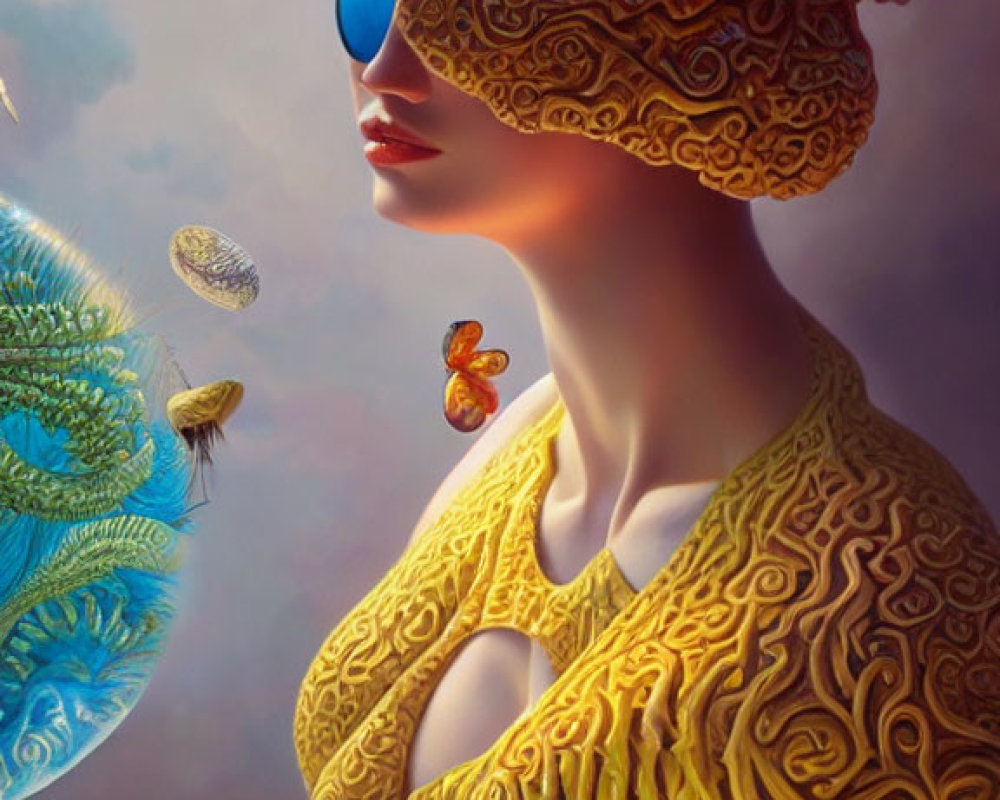 Surreal portrait of woman with blue monocle, textured skin, cloud headpiece, and butterfly