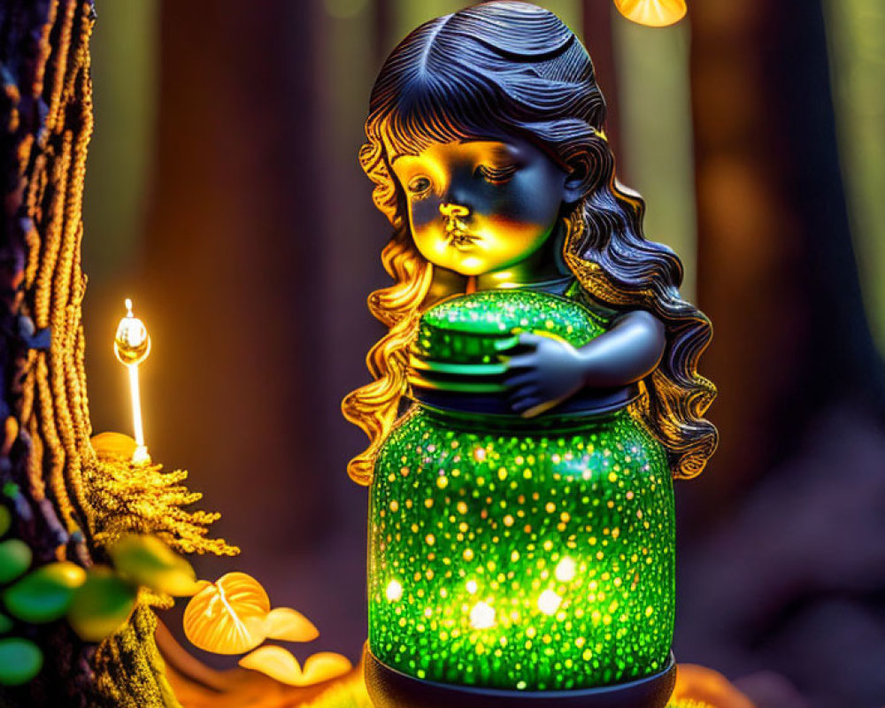 Porcelain figurine of girl with jar in enchanted forest and candle