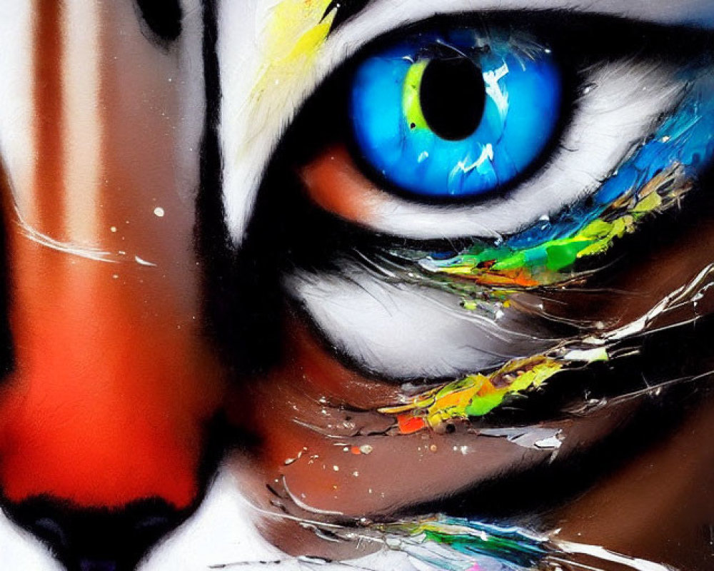 Colorful Cat Face Painting with Bright Blue Eye and Abstract Splashes