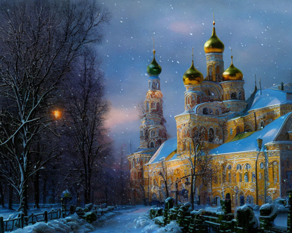 Snowy evening scene with illuminated orthodox cathedral and golden domes under starry sky.