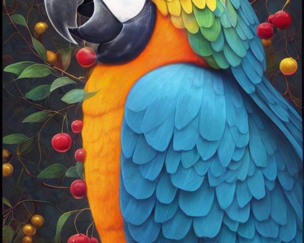 Colorful Parrot with Crown Perched on Branch Amid Berries