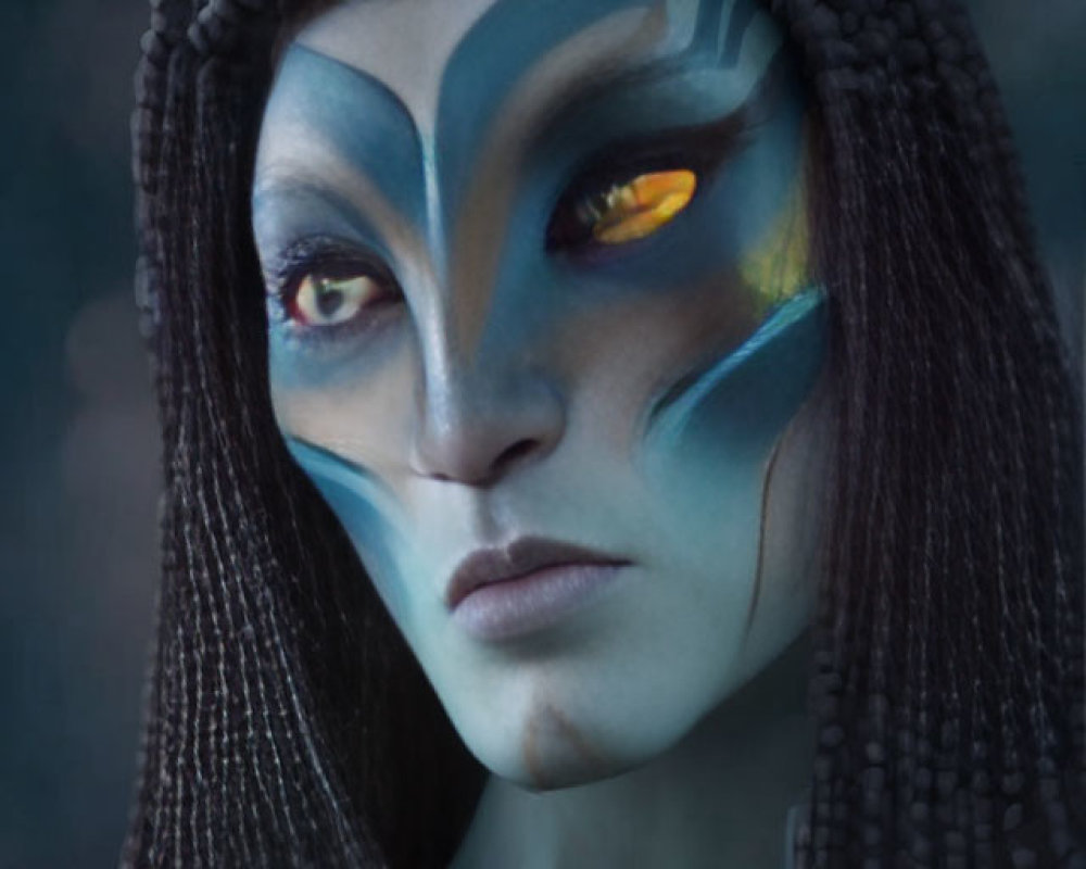 Blue-skinned female character with yellow eyes and tribal markings on dark background