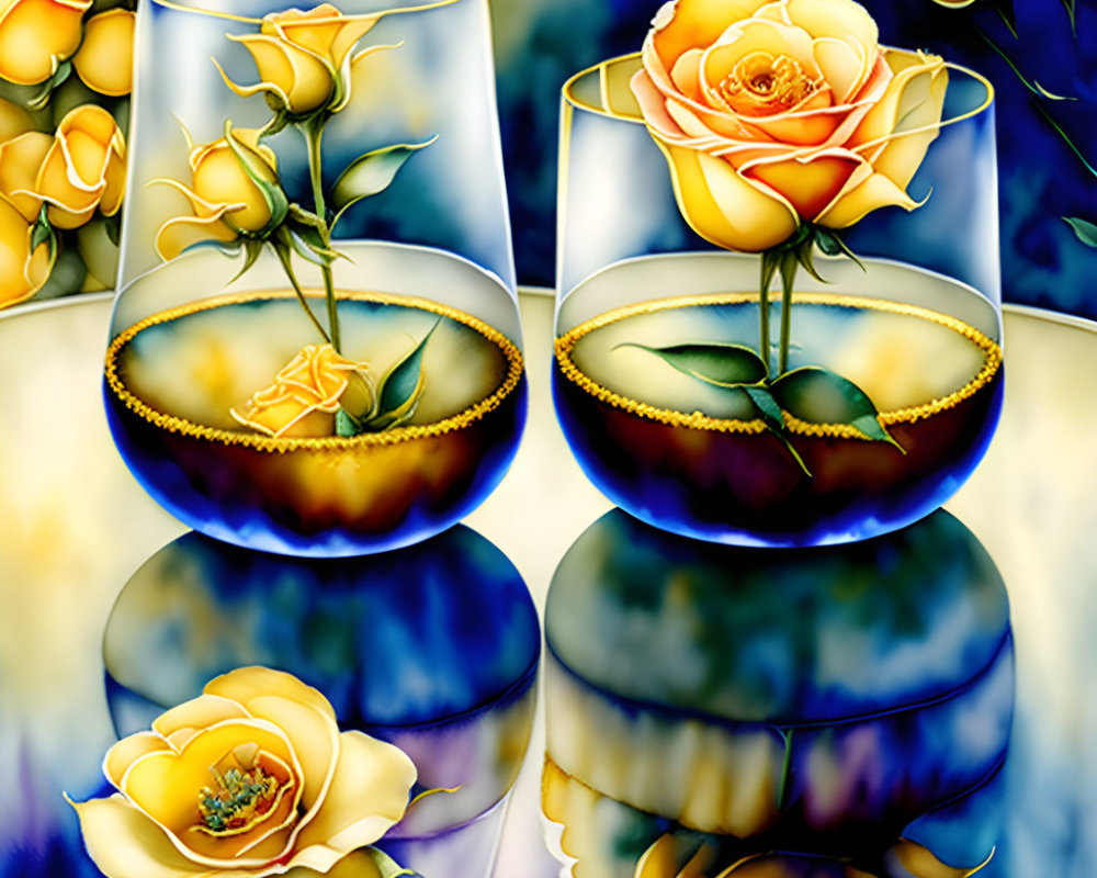 Golden-yellow roses in stemless wine glasses against blue rose background