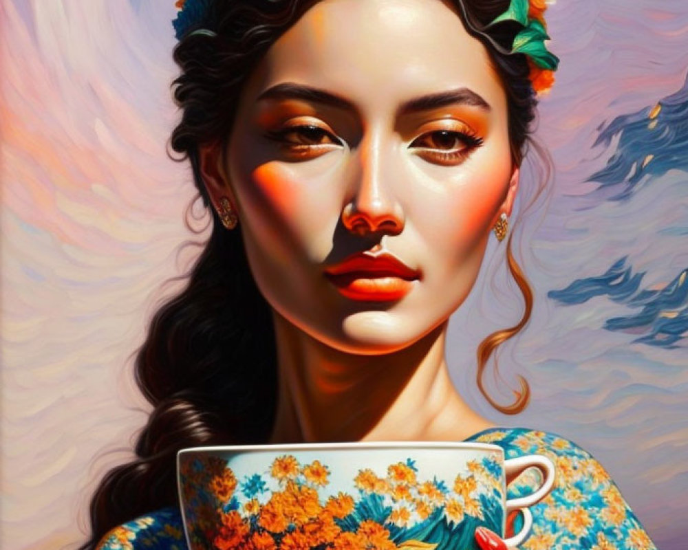 Portrait of woman with floral headband holding ornate cup in dreamlike setting