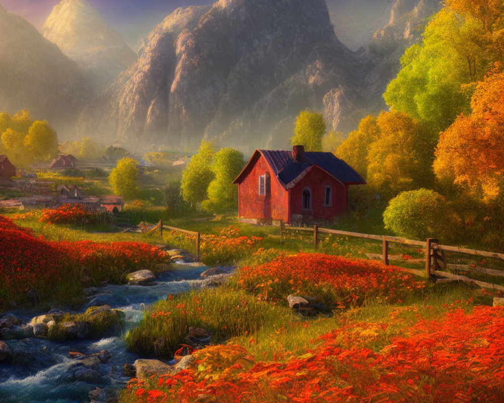 Red-roofed house by stream in autumn with misty mountains at sunrise or sunset