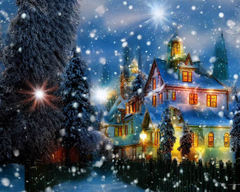 Snowy Night with Cozy Houses, Falling Snowflakes, Frosty Pine Trees, and Star