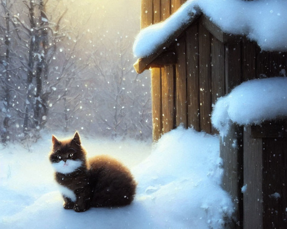 Brown and White Cat Sitting in Snow Next to Wooden Fence