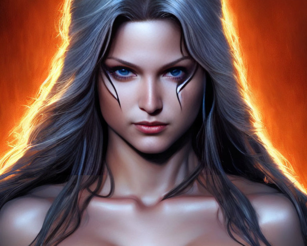 Digital portrait of woman with silver hair and blue eyes against fiery backdrop