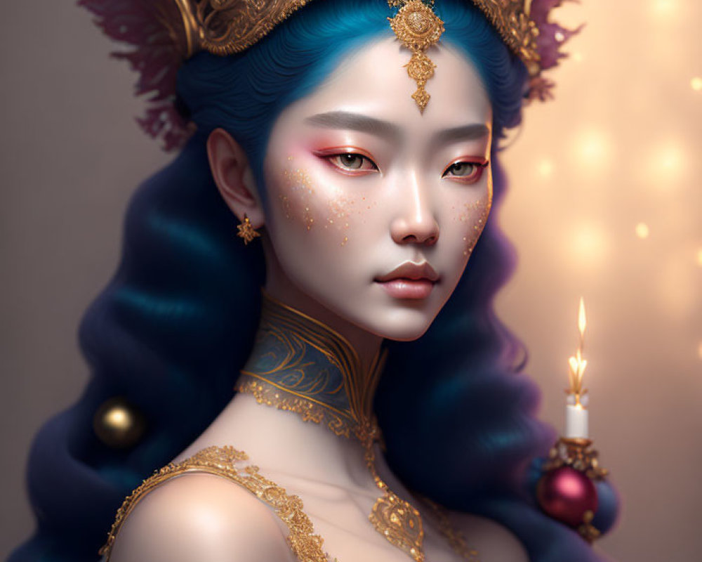 Digital Artwork of Woman with Blue Hair and Golden Crown Holding Candle