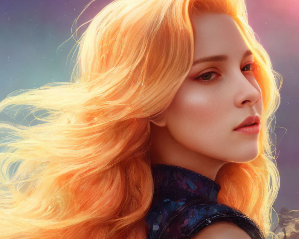 Digital artwork: Woman with fiery orange hair in cosmic setting