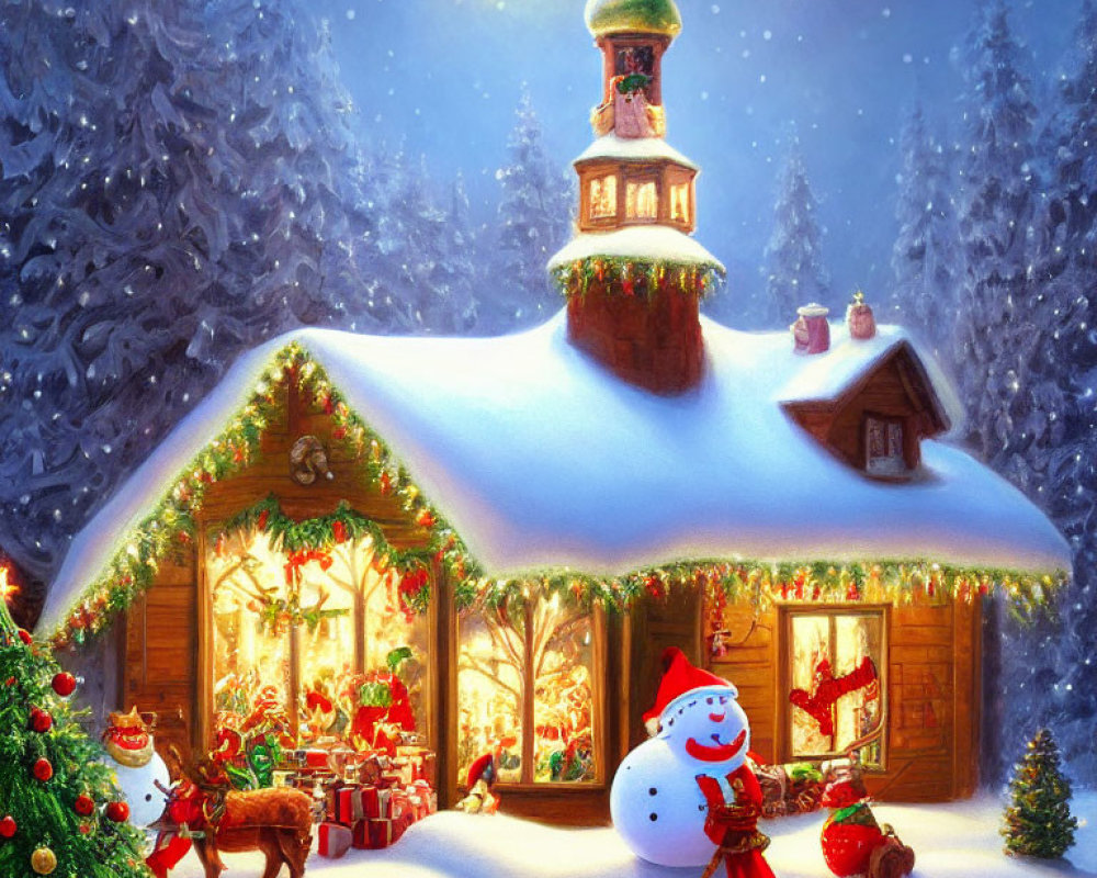 Snow-covered cottage with Christmas decorations, snowman, reindeer, gifts, and starry sky