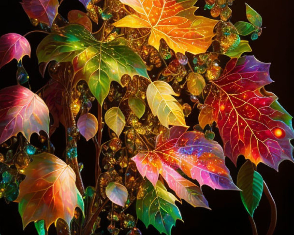 Colorful illustration of luminous tree with translucent leaves and iridescent bird.