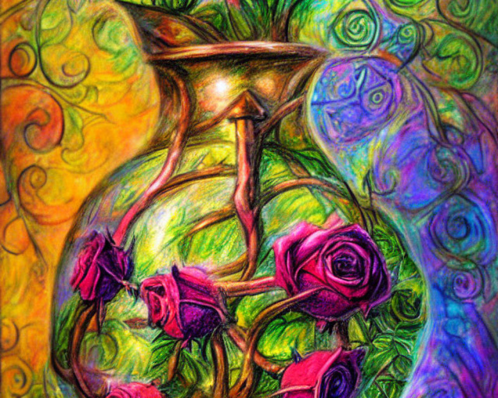 Colorful drawing of vase with stylized roses in vibrant hues