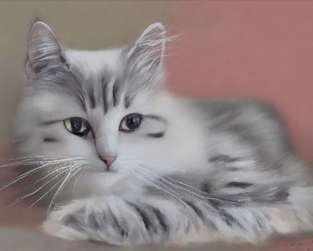 Fluffy white and grey cat with blue eyes and whiskers lying down