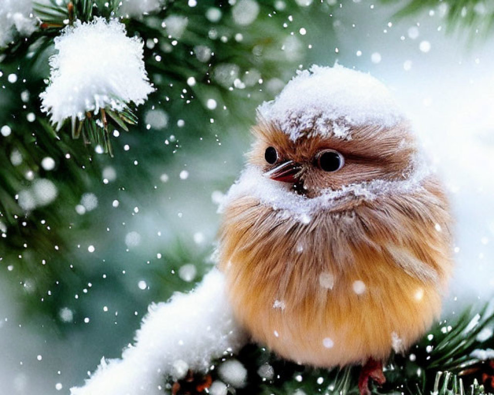 Fluffy bird on snow-covered pine branch with falling snowflakes