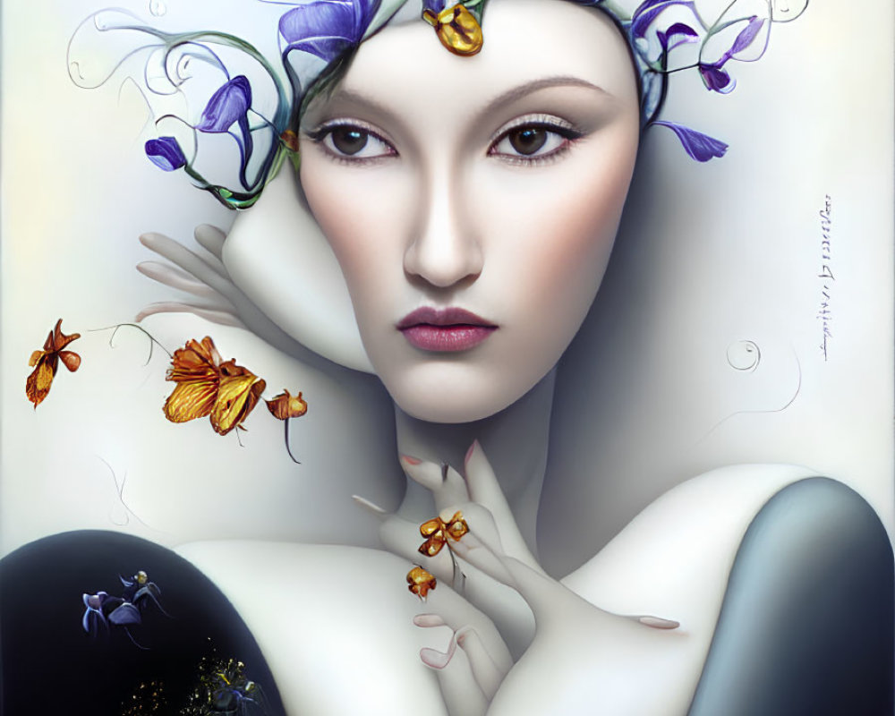 Exaggerated surreal portrait of a woman with purple floral headpiece and intense gaze