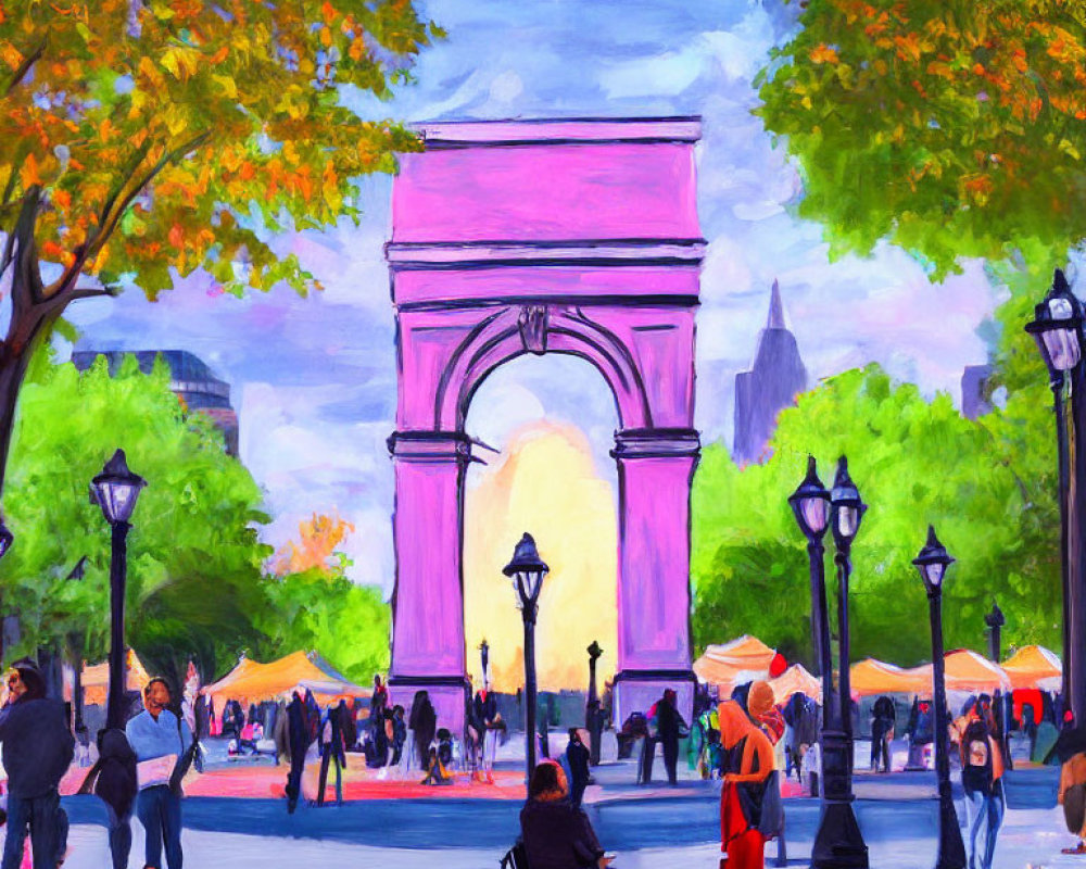 Colorful Park Scene with People, Arch, Trees, and Cityscape