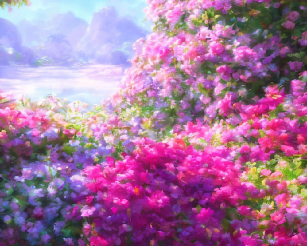 Lush Pink Flowers in Dreamlike Garden with Misty Mountains