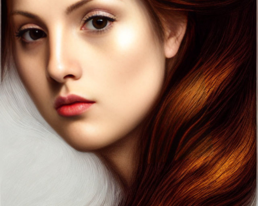 Striking auburn-haired woman with fair skin and red lips