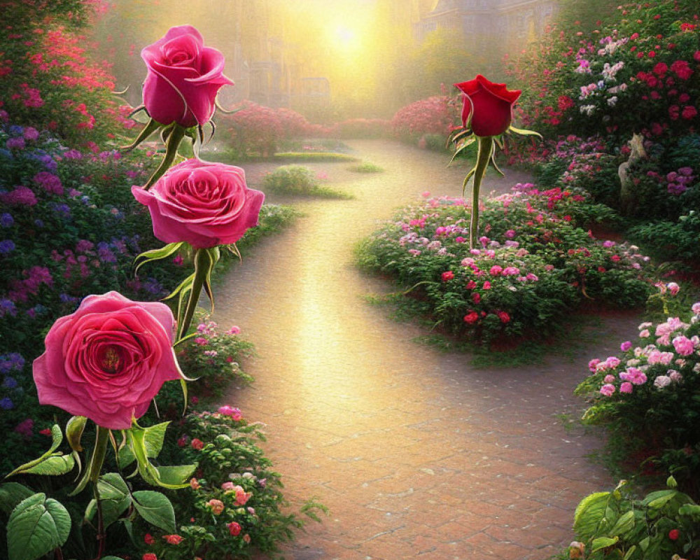 Lush Pink and Red Rose Garden Path to Enchanting Cityscape