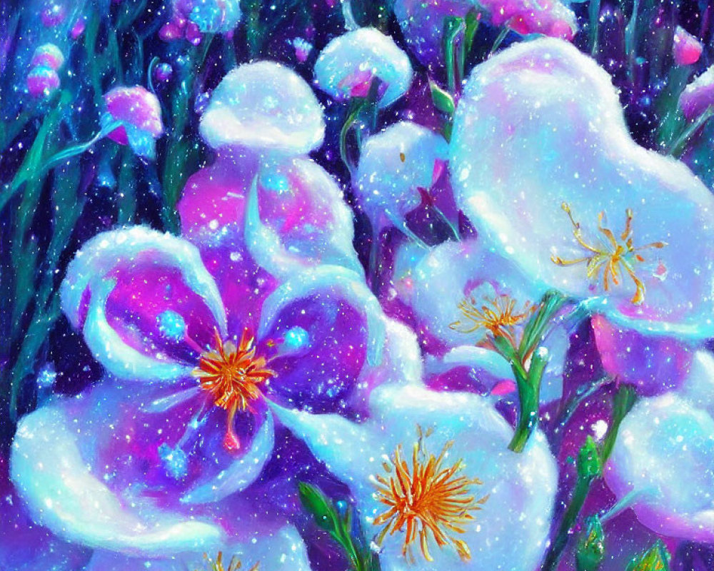 Purple Flowers Painting on Dark Blue Cosmic Background