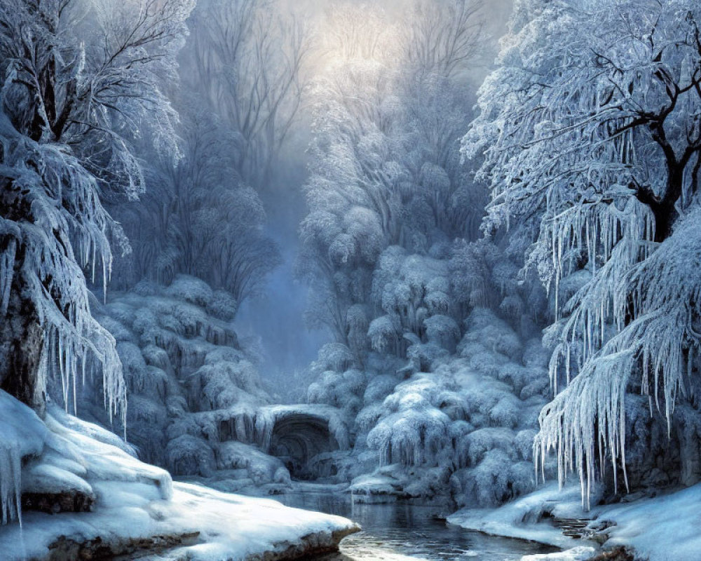 Snow-covered Trees, Icicles, and Frozen Stream in Winter Scene