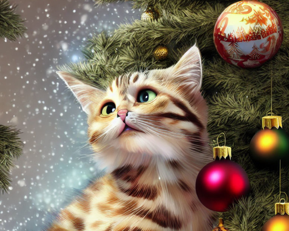 Tabby kitten surrounded by Christmas ornaments and pine branches in snowy scene