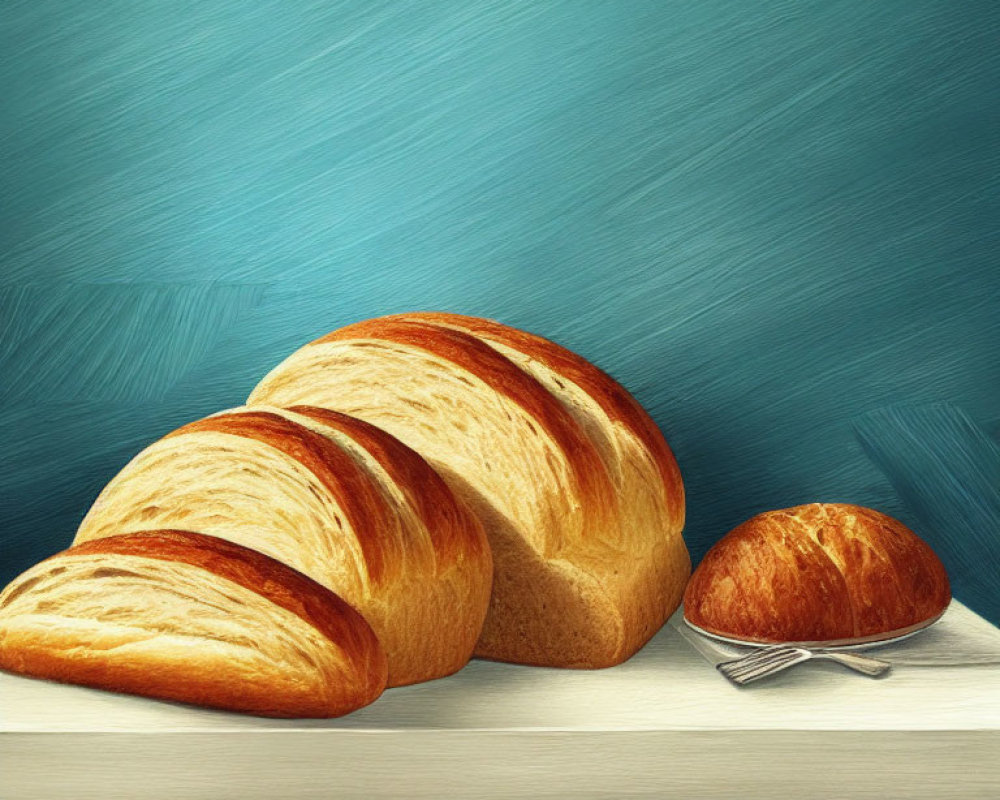 Bread loaf and roll on table with blue background