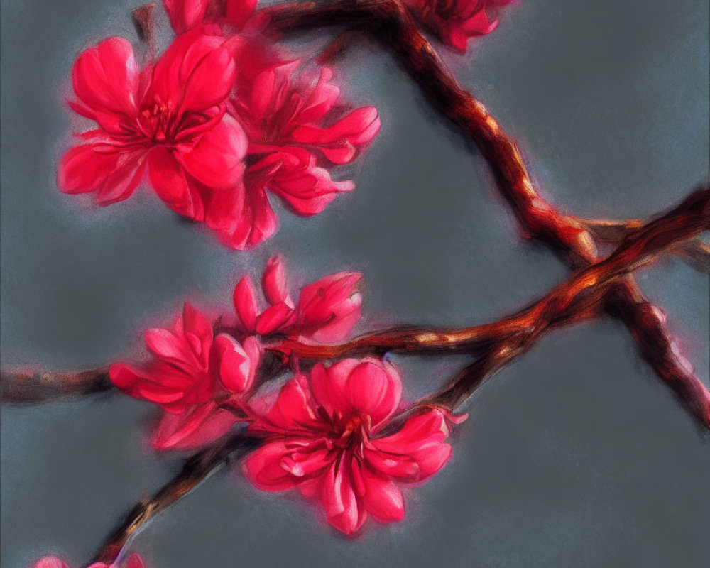 Beautiful Pink Cherry Blossoms on Dark Branches and Gray Background